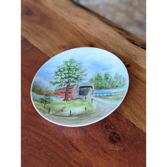 Hand-painted Red Covered Bridge Scene Decorative Plate Decor Trees Birds - Picture 1 of 4